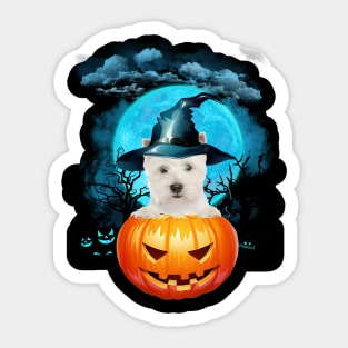 West Highland White Terrier Witch Hat Pumpkin And Blue Moon Sticker